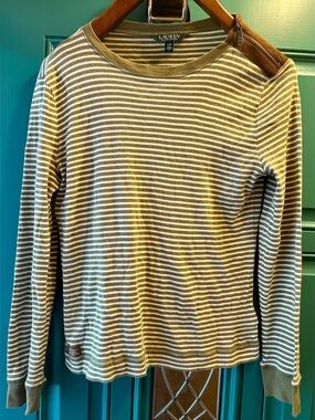 Lauren Ralph Lauren Striped Suede Shoulder Zipper Top Sz L Olive Green